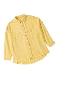 Yellow Distressed Fringe Trim Denim Jacket