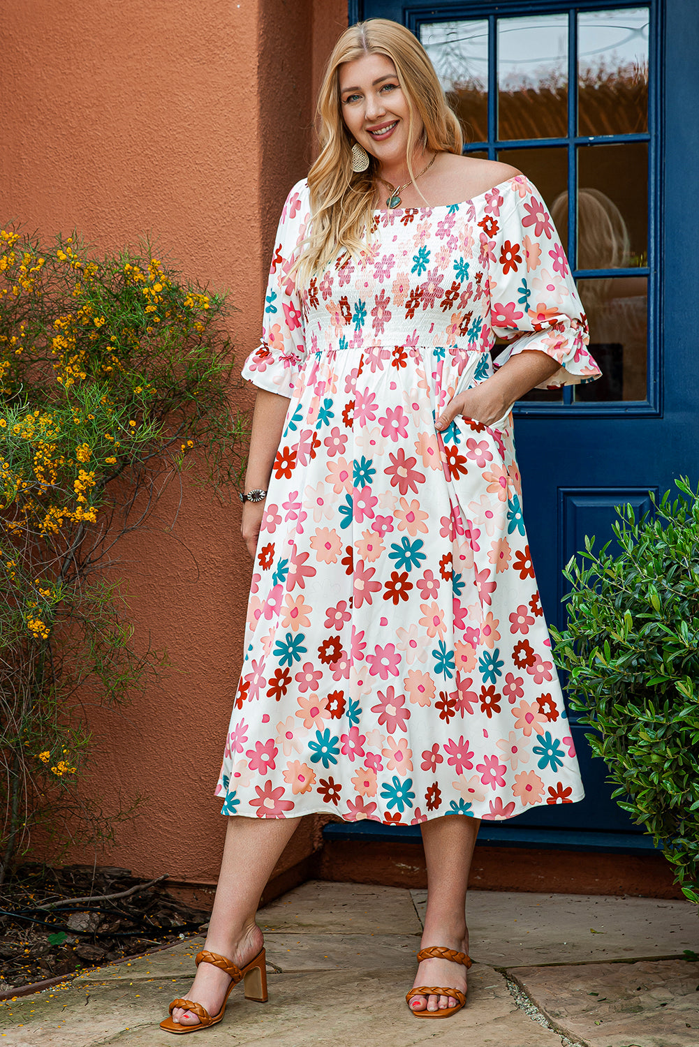 White Plus Size Flower Print Smocked Off Shoulder Dress