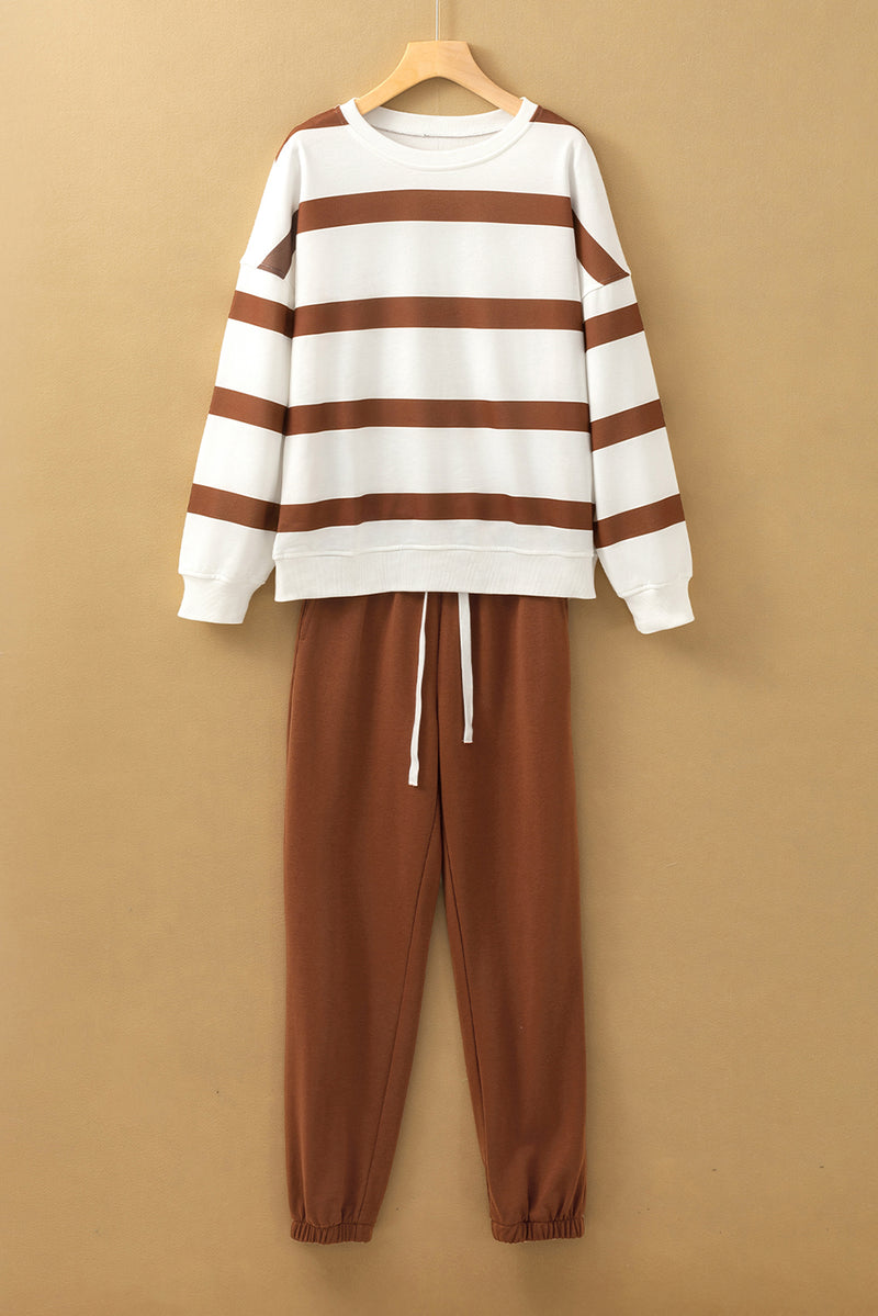 Brown Stripe Striped Drop Shoulder Pullover and Jogger Pants Set