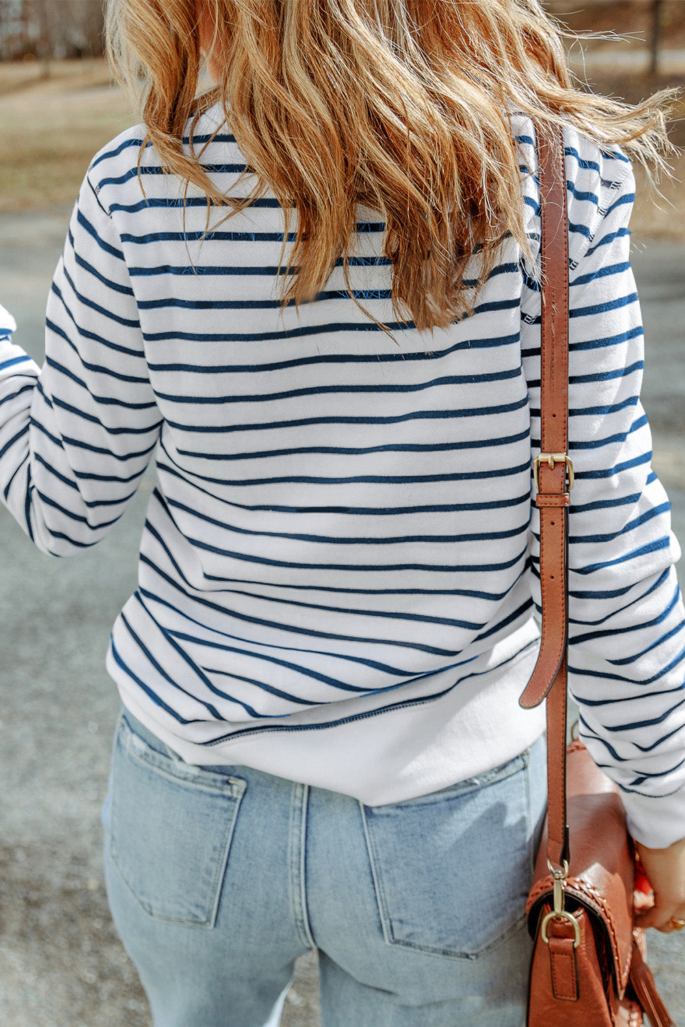 Striped Print Ribbed Trim Long Sleeve Top