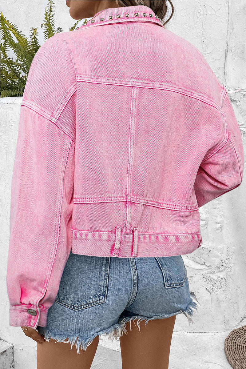 Pink Rivet Studded Pocketed Denim Jacket