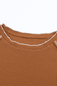 Chestnut Contrast Seam Frilly Edge Waffle Knit T-shirt