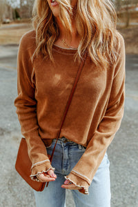 Chestnut Contrast Seam Frilly Edge Waffle Knit T-shirt