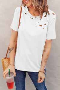 White Holes Crew Neck Cotton Mixed T-shirt