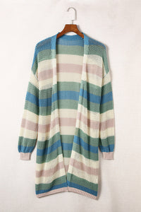 Blue Striped Color Block Hollowed Knit Cardigan