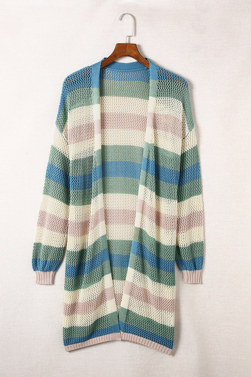 Blue Striped Color Block Hollowed Knit Cardigan