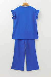 Dark Blue Ruffled Sleeve Summer Top and Cropped Loose Pants Set