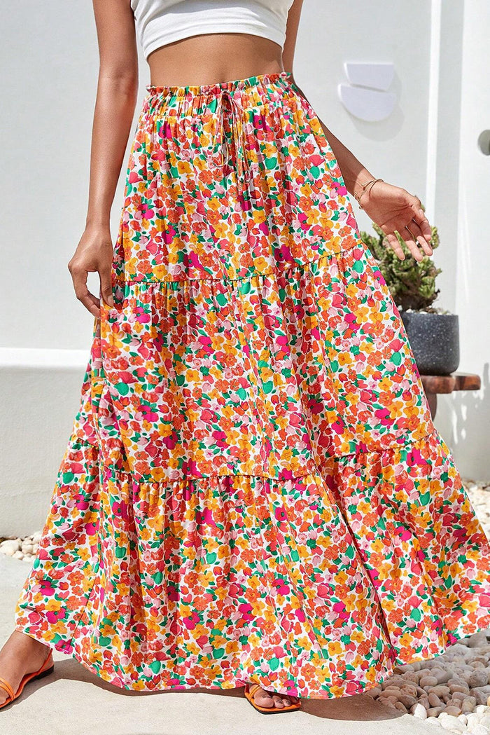 Yellow Boho Floral Print Tiered Long Skirt