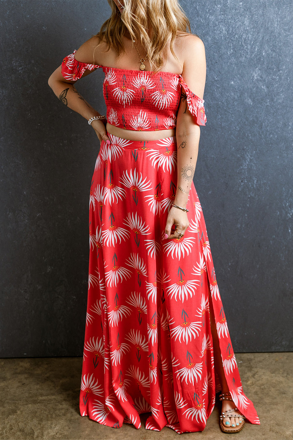 Red Floral Shirred Off Shoulder Crop Top and Slit Maxi Skirt Set