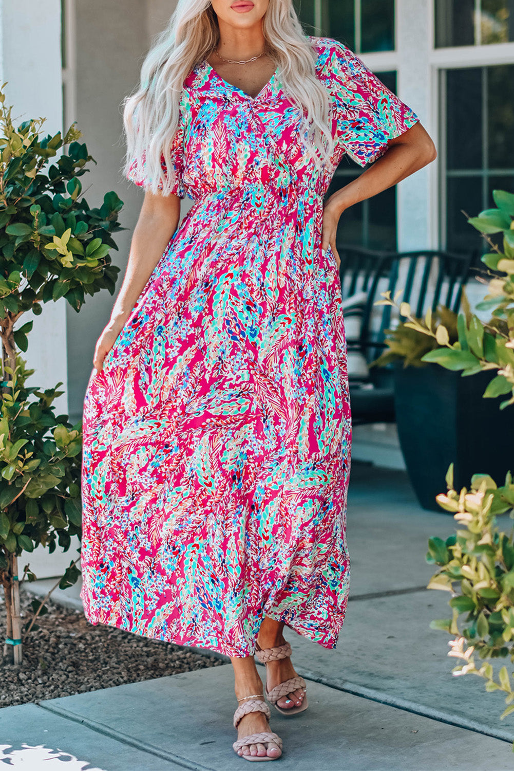 Purple Vibrant Botanical Print Frill Short Sleeve Plus Size Top