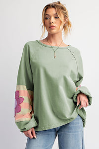 Smoke Green Flower Patchwork Raglan Sleeve Exposed Seam Oversized Top