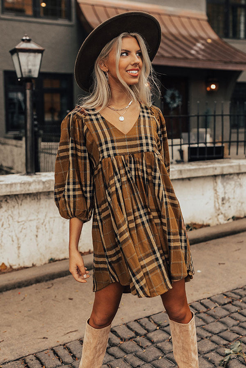 Brown Printed Plaid V Neck Plus Size Babydoll Dress