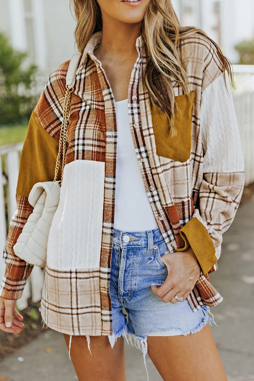 Gold Brick Plus Size Plaid Patchwork Button up Shacket