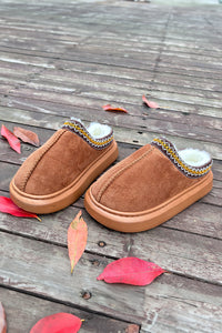 Chestnut Contrast Edge Suede Plush Lined Thick Sole Winter Slippers