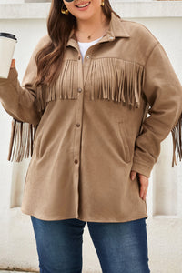 White Fringe Trim Plus Size Suede Shacket