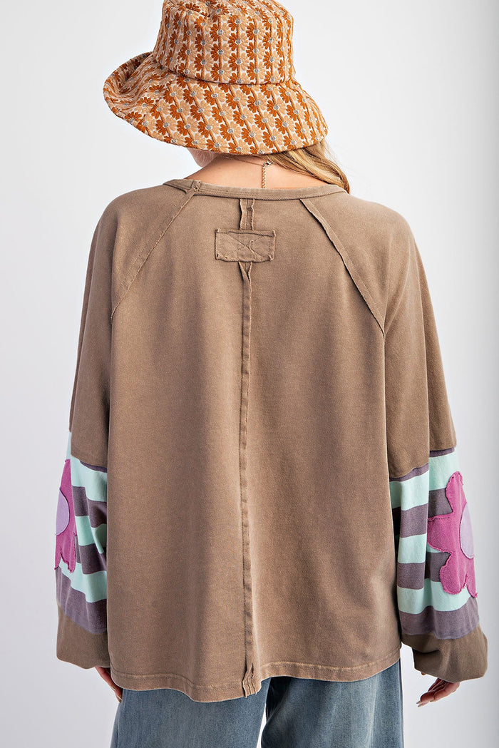 Light French Beige Flower Striped Patchwork Puff Sleeve Loose Sweatshirt