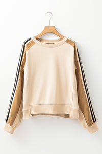 Beige Contrast Striped Patchwork Drop Shoulder Loose Sweatshirt