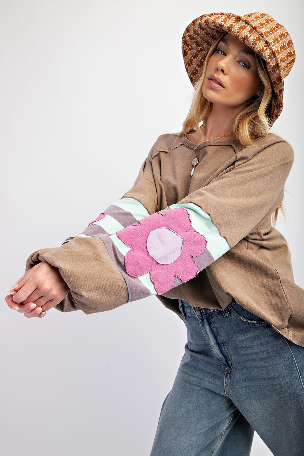 Dune Flower Patchwork Raglan Sleeve Exposed Seam Oversized Top