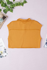 Camel Raw Edge Trim Polo Collar Cropped Tee