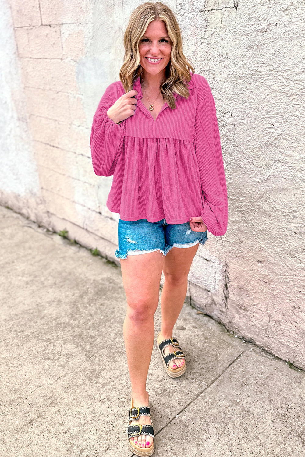 Bright Pink Corded Turn-down V Neck Bubble Sleeve Babydoll Blouse