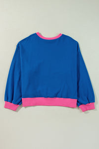 Sky Blue Color Block Edge Balloon Sleeve Plus Size Sweatshirt