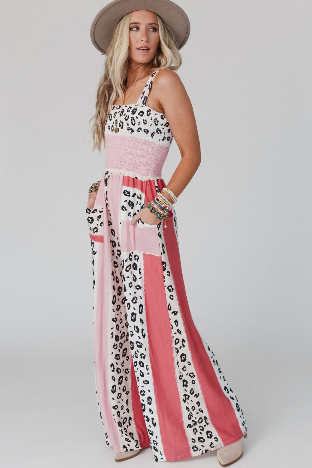 Pink Leopard Color Block Mix Print Pocketed Jumpsuit