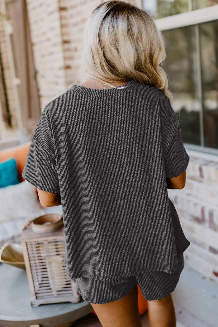 Carbon Grey Ribbed Textured Knit Loose Fit Tee and Shorts Set