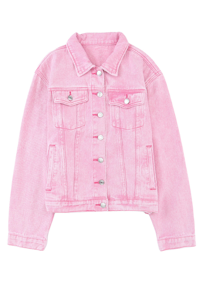 Pink Acid Wash Button Flap Pocket Denim Jacket