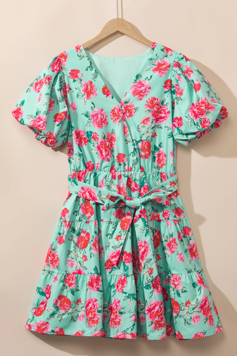 Green Floral Bubble Sleeve Surplice Ruffled Plus Size Dress