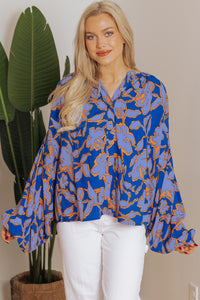 Blue Floral Print Batwing Sleeve Buttoned Loose Fit Shirt