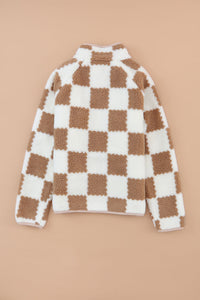 Brown Checked Snap Button Sherpa Jacket