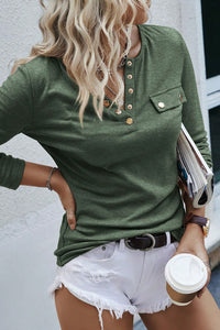 Mist Green Long Sleeve Snap Button Henley Top