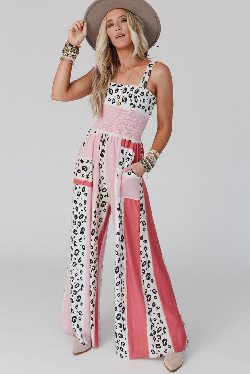 Pink Leopard Color Block Mix Print Pocketed Jumpsuit