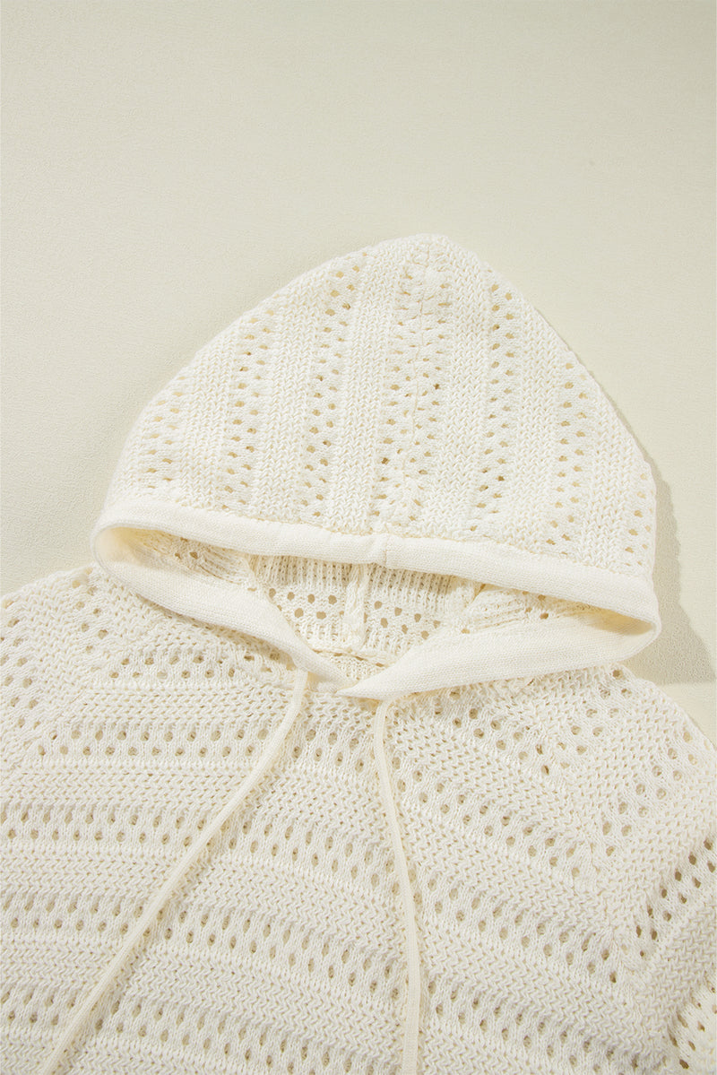 White Pointelle Knit Raglan Sleeve Hooded Sweater