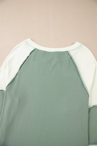 Mint Green Ribbed Colorblock Patchwork Raglan Long Sleeve Top