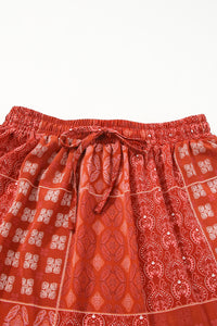 Red Bohemian Mix Print Long Flared Skirt