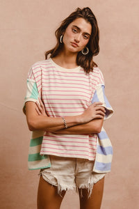 BiBi Slit Exposed Seam Striped Round Neck Short Sleeve T-Shirt