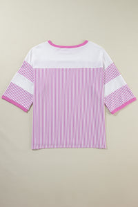 Pink Stripe Patchwork Bracelet Sleeve Plus Size T Shirt