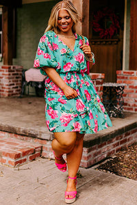 Green Floral Bubble Sleeve Surplice Ruffled Plus Size Dress