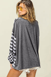 Dark Grey Checkerboard Striped Patchwork Lantern Sleeve Pocketed Blouse