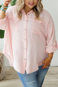 Pink Flap Pocket Tab Sleeve Button-Down Plus Size Shirt