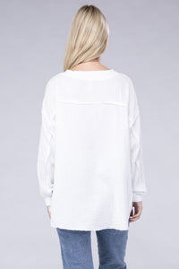 Double Gauze Oversized 3/4 Button Henley Neck Top