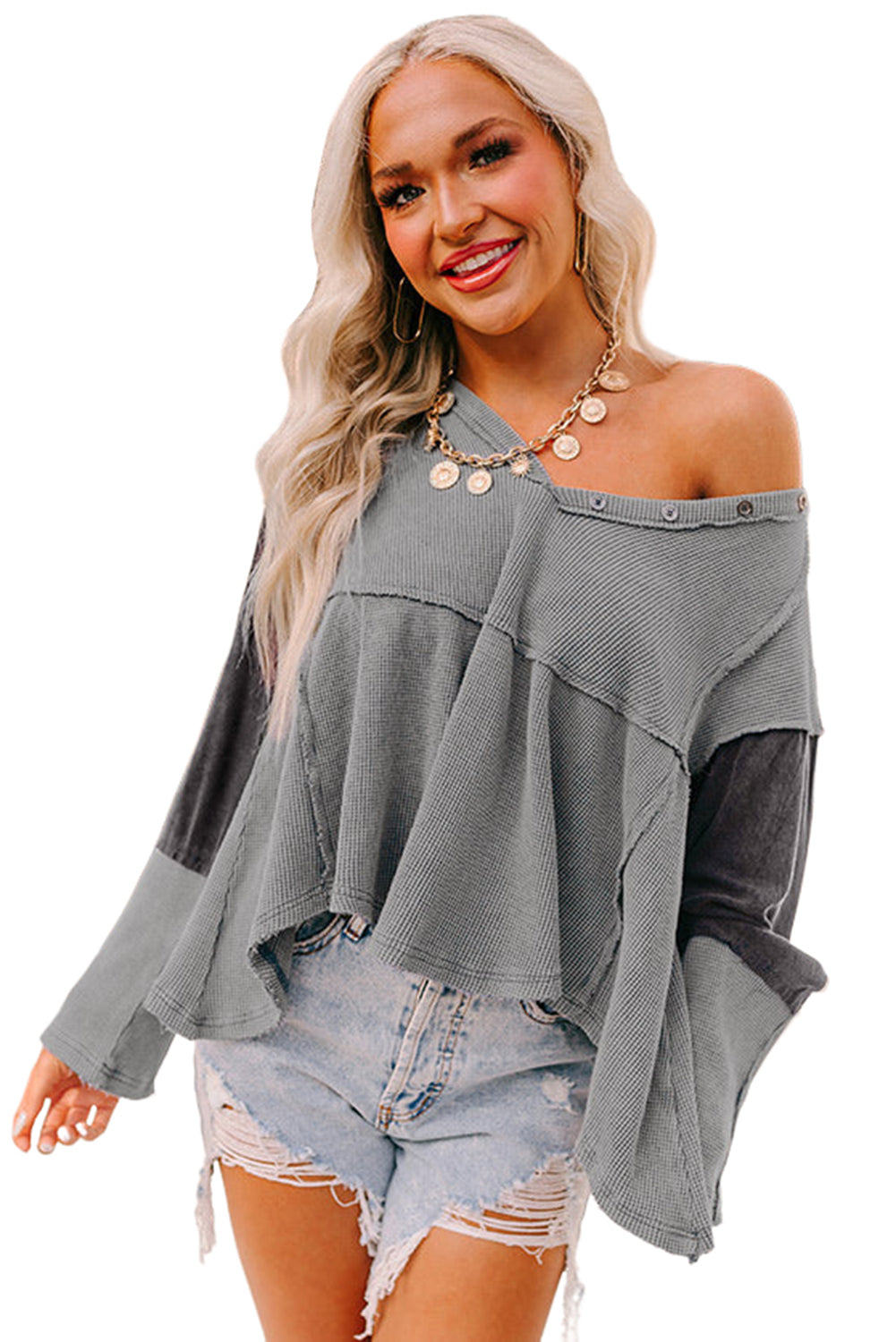 Medium Grey Waffle Knit Button Detail Exposed Seam Flowy Top