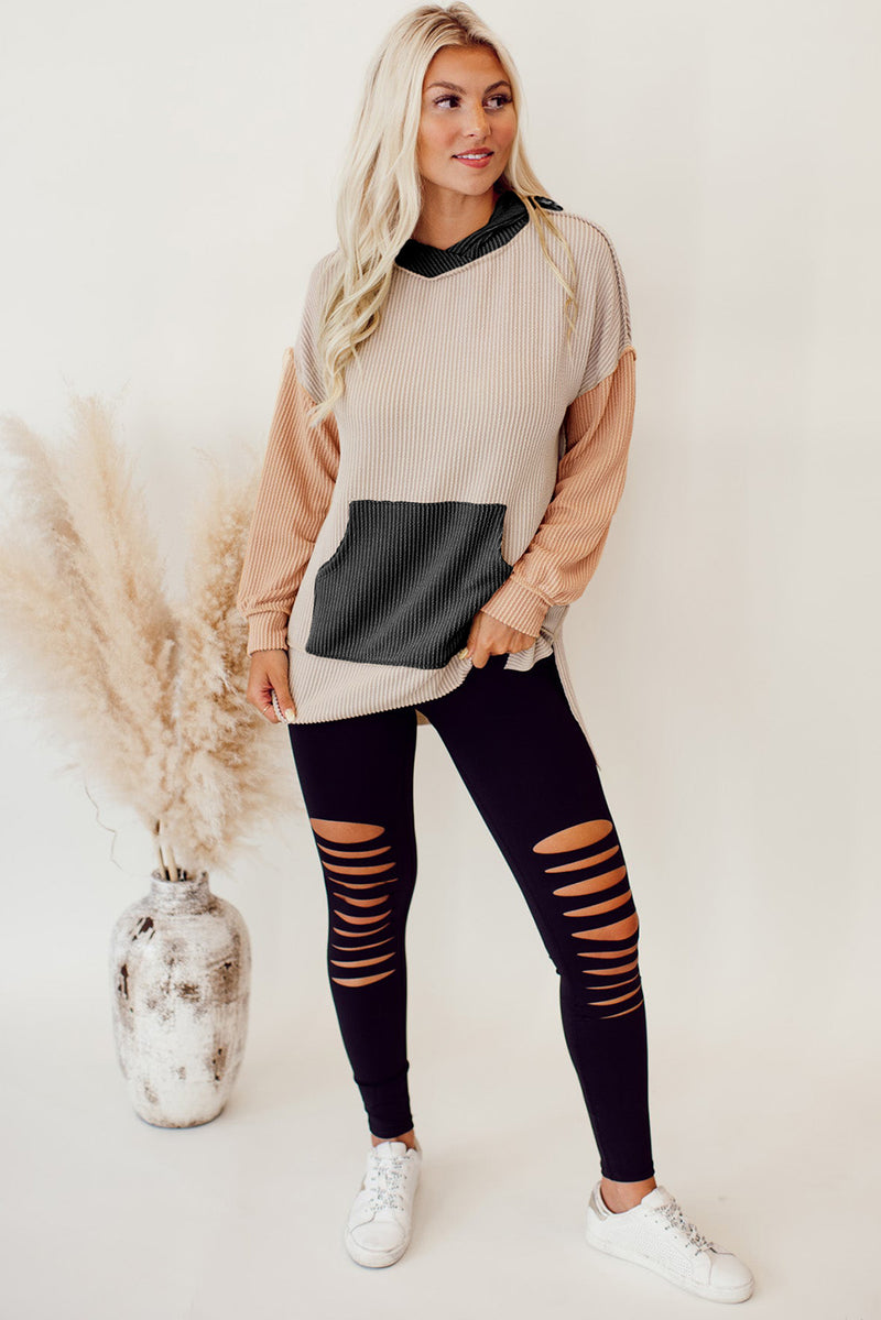 Black Color Block Long Sleeve Ribbed Loose Top