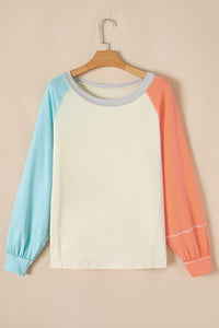 Yellow Cream Colorblock Patchwork Crew Neck Long Sleeve Top