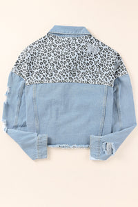 Blue Plus Size Leopard Ripped Cropped Denim Jacket