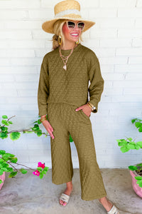 Sage Green Solid Quilted Pullover and Pants Outfit