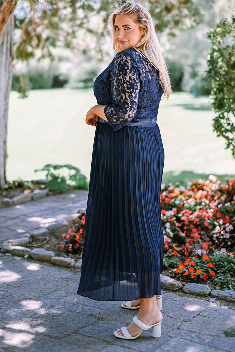 Lace Scalloped V Neck 3/4 Sleeves Pleated Tulle Plus Maxi Dress