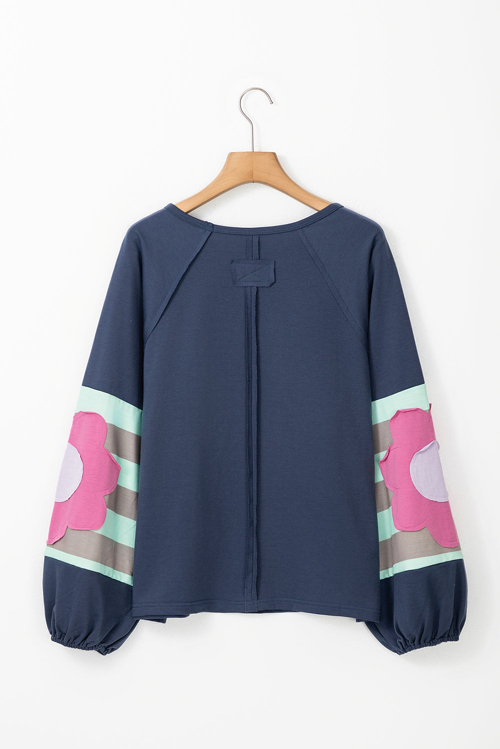 Sail Blue Flower Patchwork Raglan Sleeve Exposed Seam Oversized Top