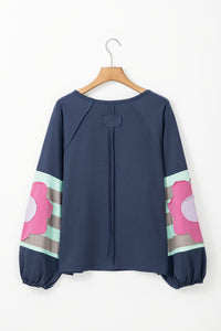 Sail Blue Flower Patchwork Raglan Sleeve Exposed Seam Oversized Top